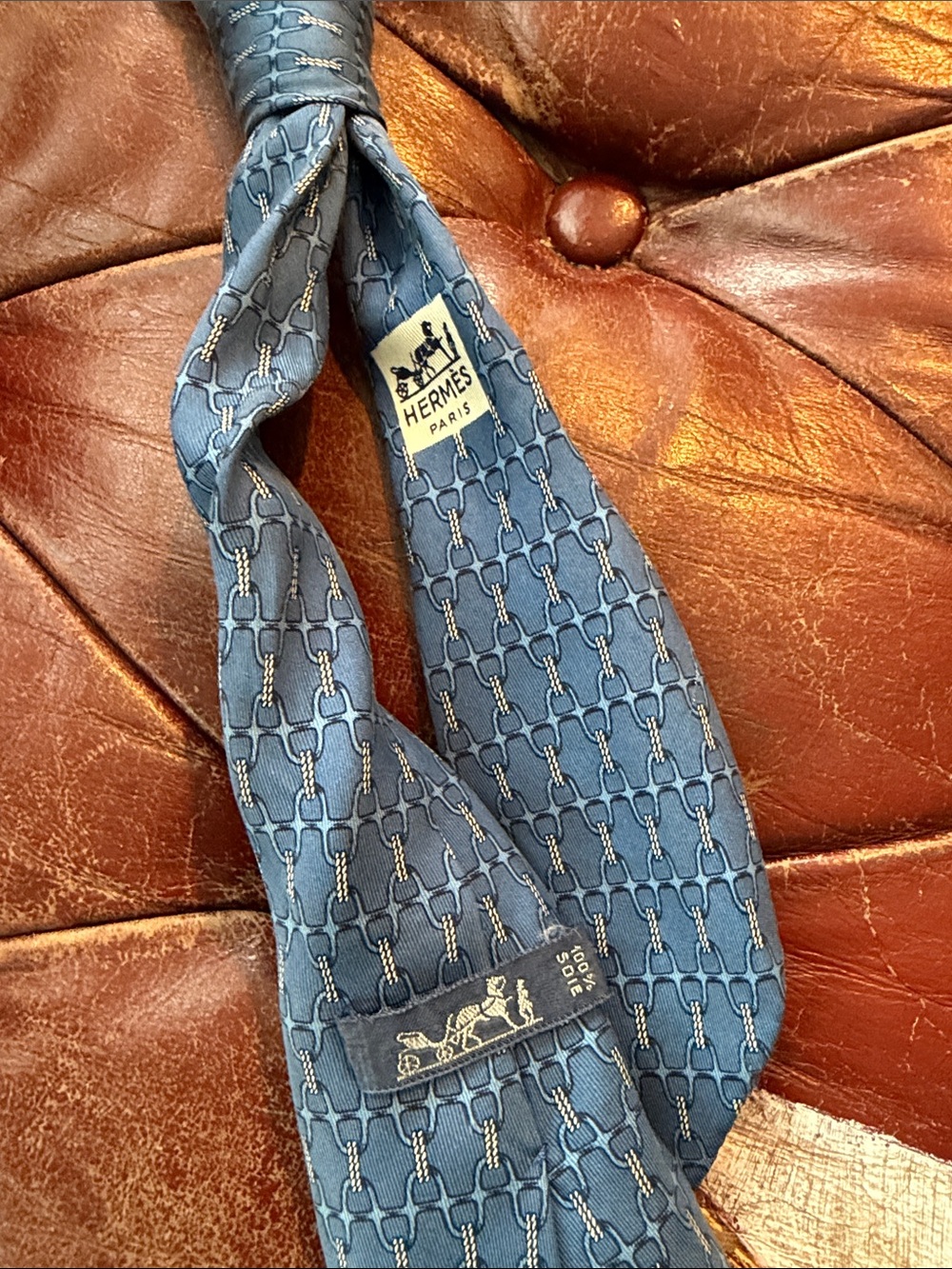 Hermes Blue Silk Tie with Interlocking Stirrup Motif, #vintage pristine